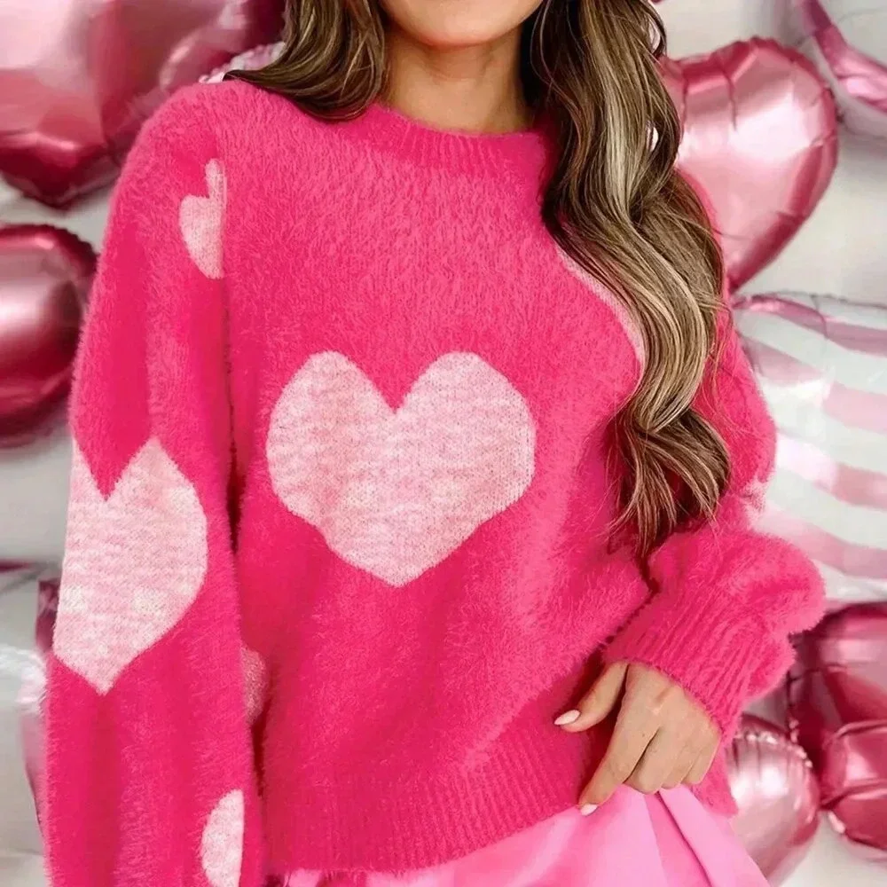 Rose Red Casual Women's Valentine's Day Heart Pattern Fuzzy Long Sleeve Sweater
